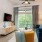 a living room with a blue couch