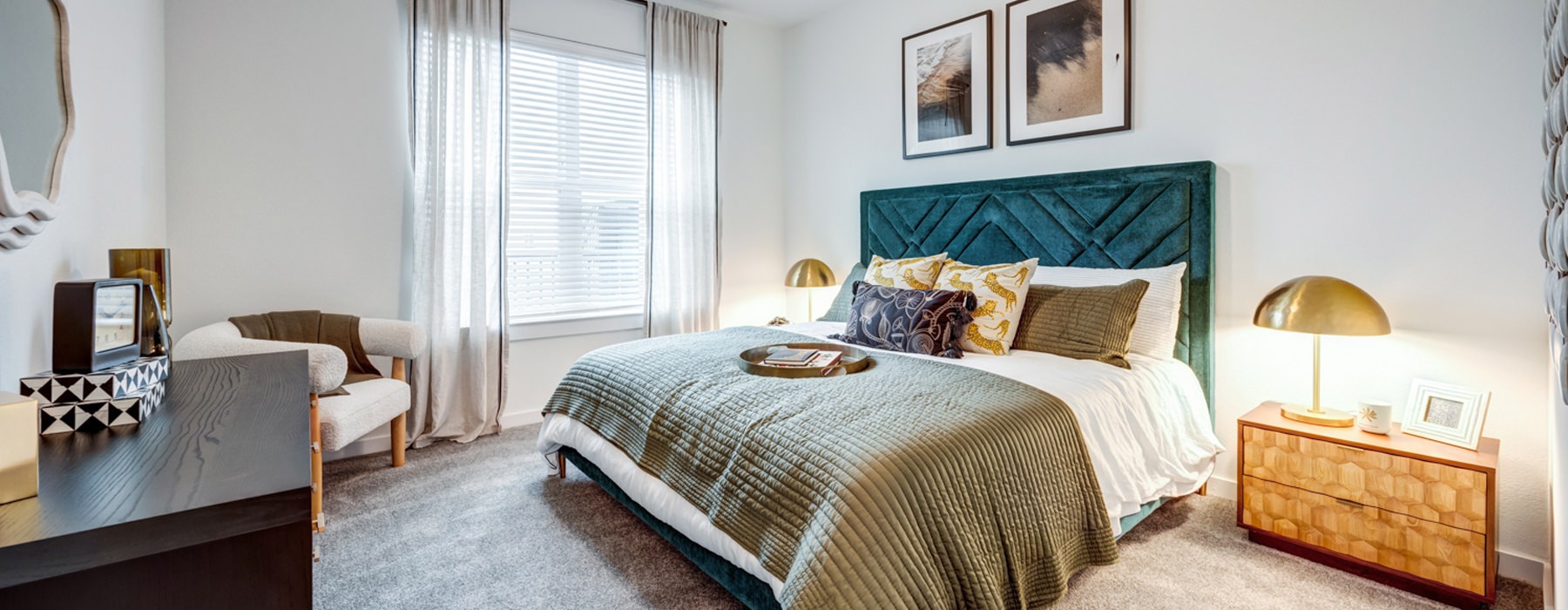 Bedroom with natural lighting and high ceilings